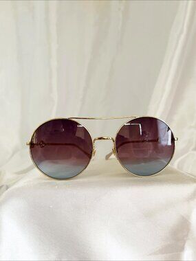 GUCCI Womens GG0878S Round Gold Frame Sunglasses with Blue-Gray Gradient Lenses